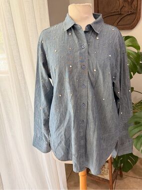 Karl Lagerfeld Paris Studded Chambray Button Down Shirt Blue Size S